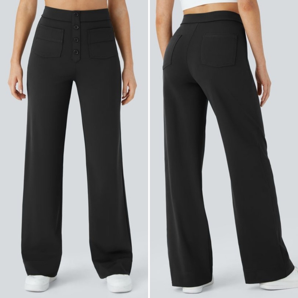 HALARA Black Straight-Leg High-Waist Button Front Pants